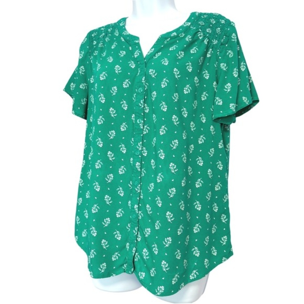 Croft & Barrow Smocked Blouse‎ Womens M Green Floral Rayon Flutter Sleeve